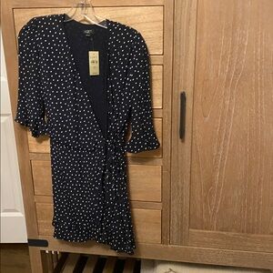 LOFT Petite Navy and Cream Dot Wrap Romper Dress with Ruffles